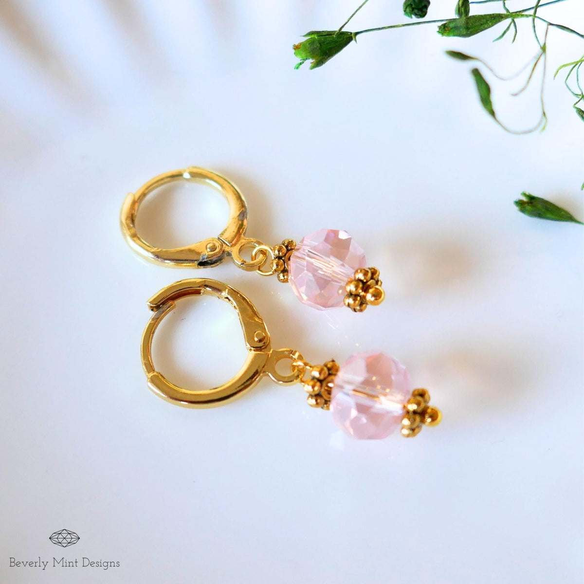 Pink Crystal Drop Earrings, Gold Plated Huggie Hoops, Dainty Pink Earrings, Light Pink Bead Hoops, Sensitive Ear & Clip-On Options