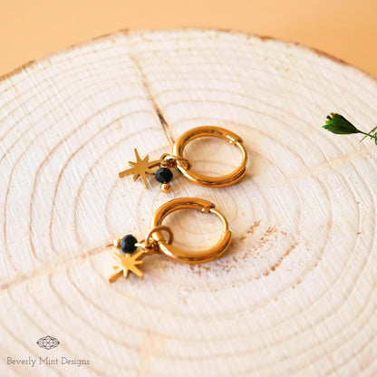 Vintage Style Hoop Earrings 18K Gold Earrings, Gold Star Charm Hoop Starburst Earrings with Black Beads Minimalist Earrings, Gift For Her