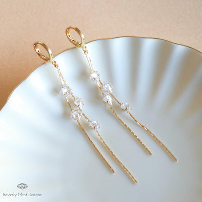 Gold Drop Earrings with Sparkling Crystals, Long Gold Dangle Earrings with Zircon, Bridesmaids Earrings, Sensitive Ear & Clip-On Options