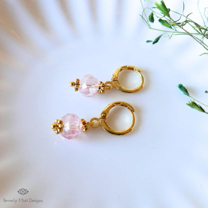 Pink Crystal Drop Earrings, Gold Plated Huggie Hoops, Dainty Pink Earrings, Light Pink Bead Hoops, Sensitive Ear & Clip-On Options