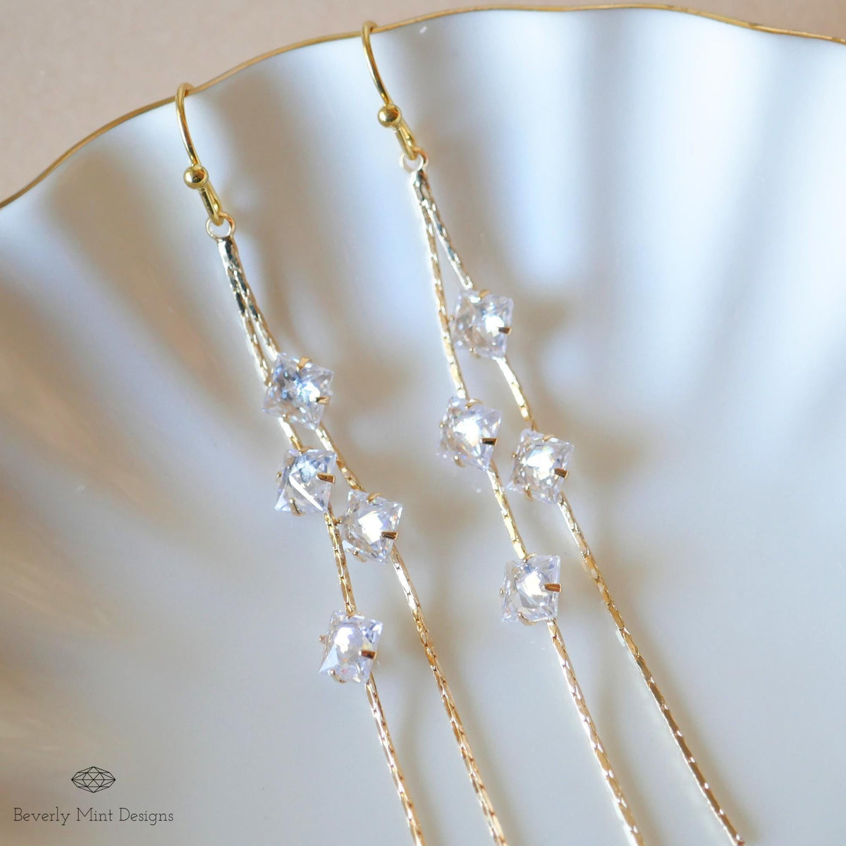 Gold Drop Earrings with Sparkling Crystals, Long Gold Dangle Earrings with Zircon, Bridesmaids Earrings, Sensitive Ear & Clip-On Options