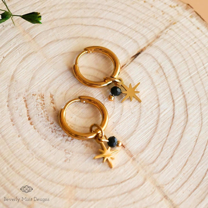 Vintage Style Hoop Earrings 18K Gold Earrings, Gold Star Charm Hoop Starburst Earrings with Black Beads Minimalist Earrings, Gift For Her
