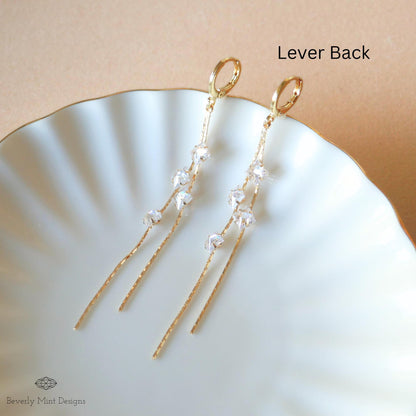 Gold Drop Earrings with Sparkling Crystals, Long Gold Dangle Earrings with Zircon, Bridesmaids Earrings, Sensitive Ear & Clip-On Options