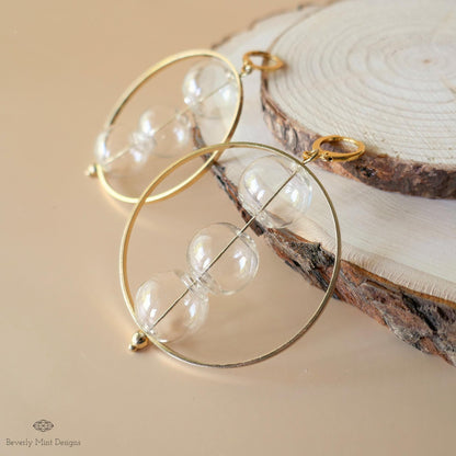 Clear Stacked Sphere Hoop Earrings with 18K Gold Hoop, Unique Glass Bubble Ball Earrings, Modern Jewelry, Sensitive Ear & Clip-On Options