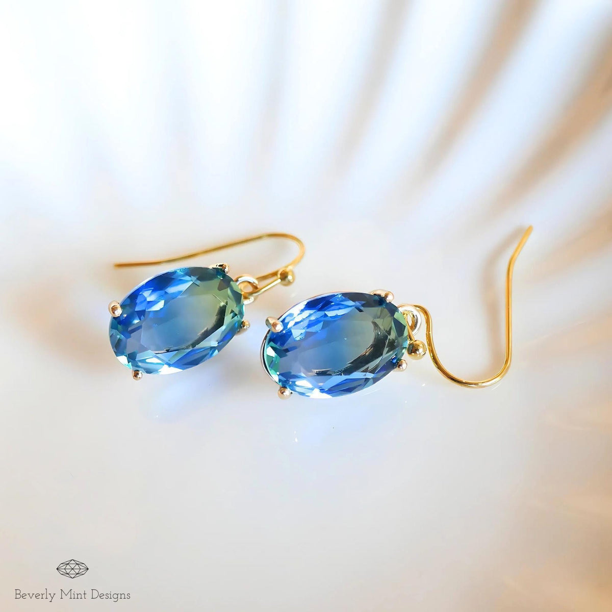 Oval Blue Crystal Drop Earrings, Blue Sapphire-Inspired Crystal Earrings, Elegant Handmade Jewelry, Sensitive Ear & Clip-On Options