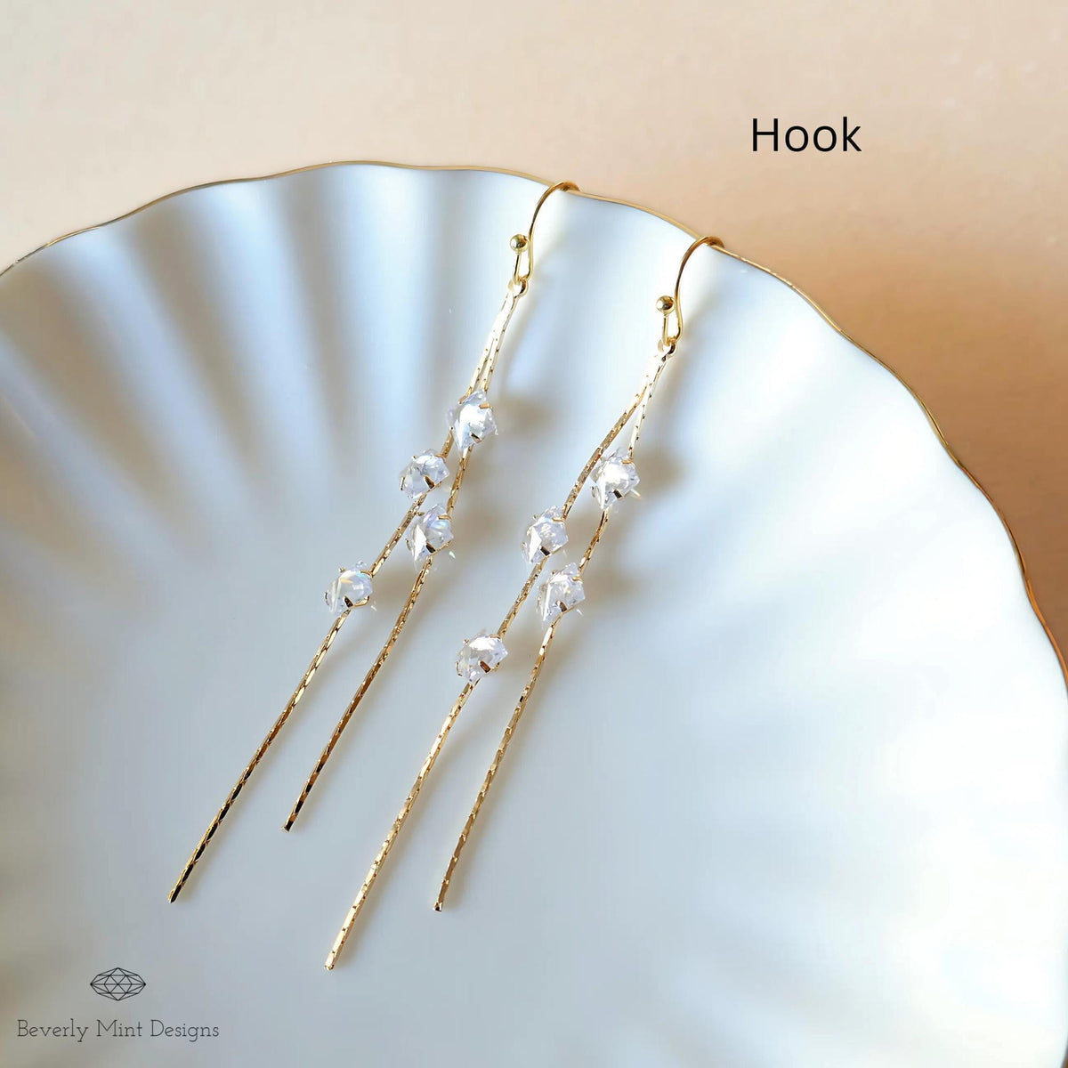 Gold Drop Earrings with Sparkling Crystals, Long Gold Dangle Earrings with Zircon, Bridesmaids Earrings, Sensitive Ear & Clip-On Options