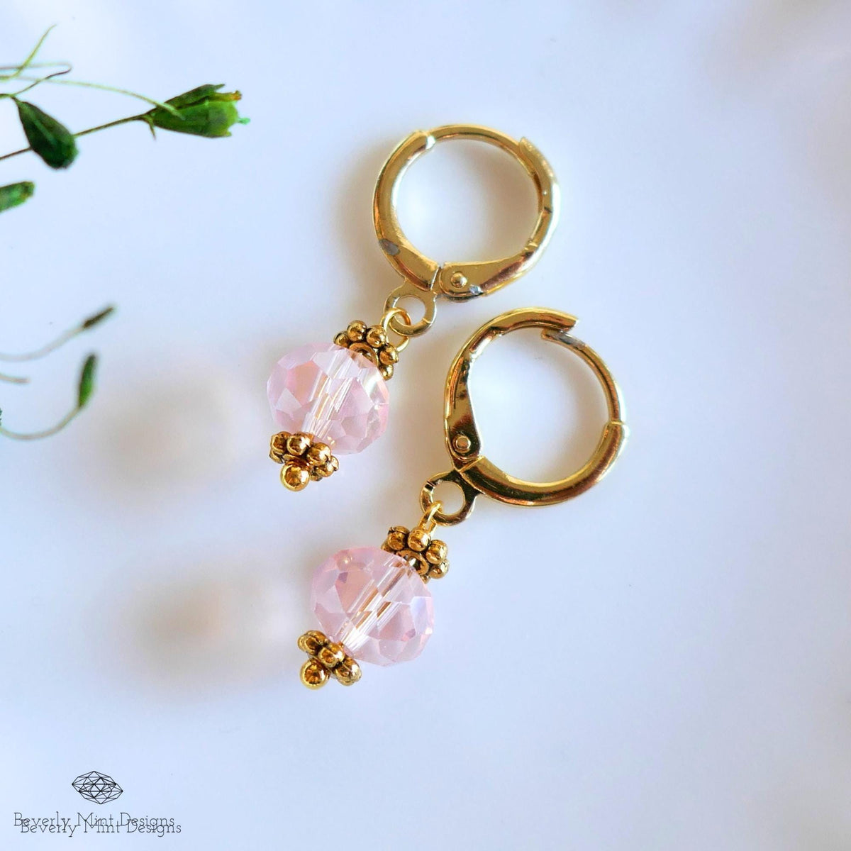 Pink Crystal Drop Earrings, Gold Plated Huggie Hoops, Dainty Pink Earrings, Light Pink Bead Hoops, Sensitive Ear & Clip-On Options