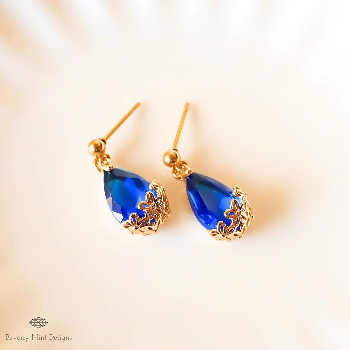 Gold Plated Blue Teardrop Earrings, Floral Crystal Studs, Minimalist Wedding Jewelry