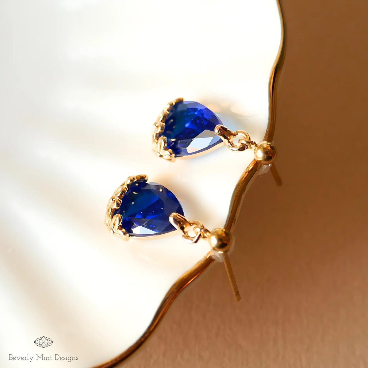 Gold Plated Blue Teardrop Earrings, Floral Crystal Studs, Minimalist Wedding Jewelry