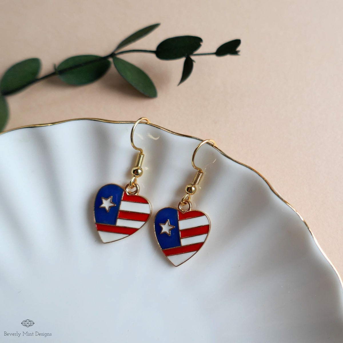 Patriotic Heart Earrings , Red White Blue American Flag Jewelry, USA 4th of July Dangle Earrings, Sensitive Ear & Clip-On Options