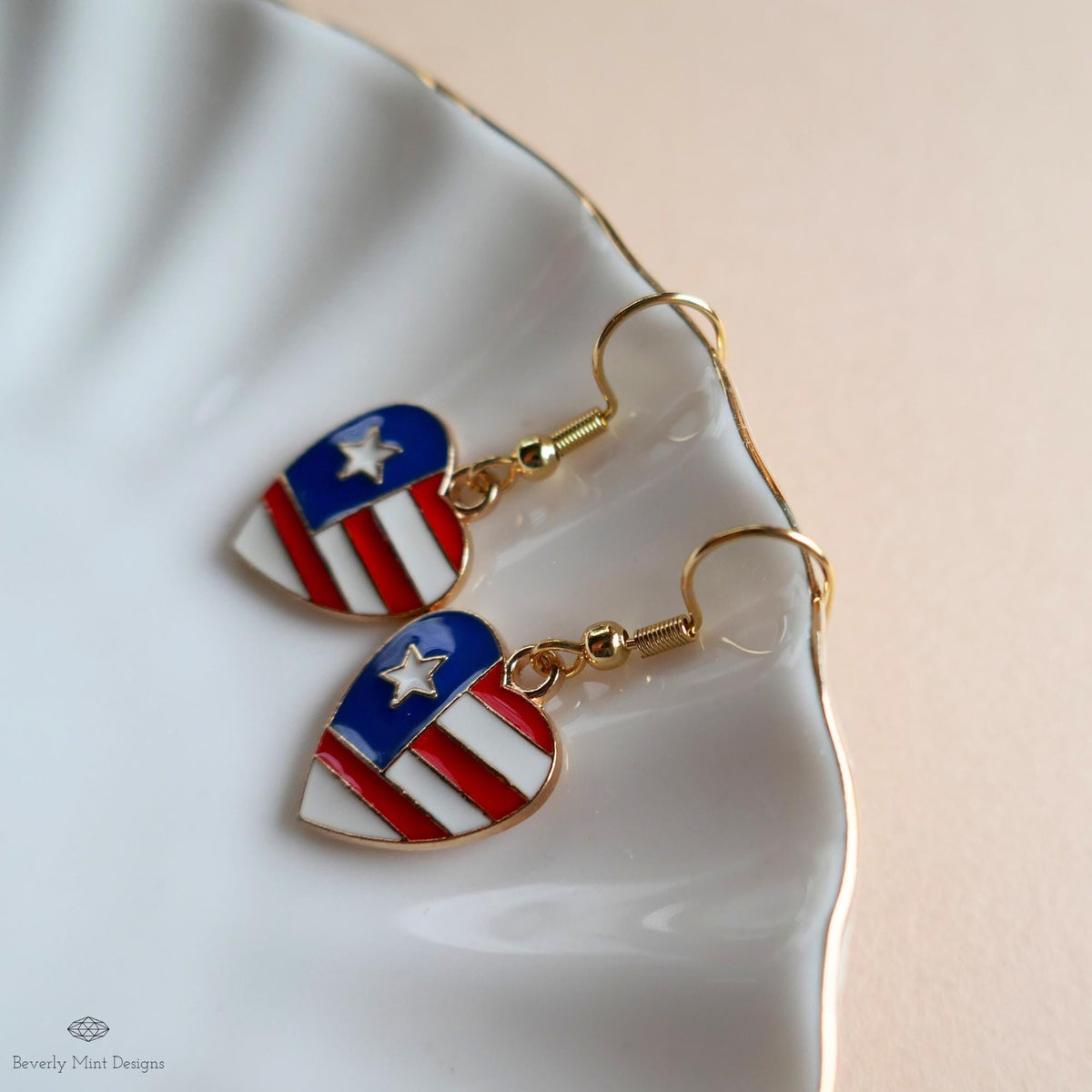Patriotic Heart Earrings , Red White Blue American Flag Jewelry, USA 4th of July Dangle Earrings, Sensitive Ear & Clip-On Options