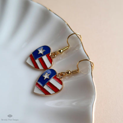 Patriotic Heart Earrings , Red White Blue American Flag Jewelry, USA 4th of July Dangle Earrings, Sensitive Ear & Clip-On Options
