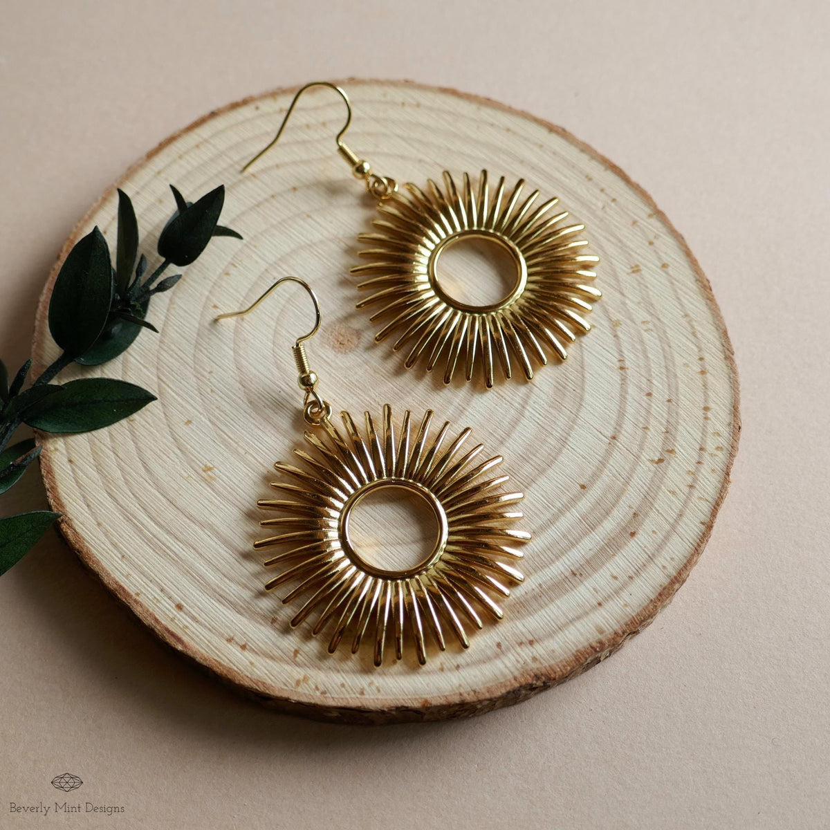 Gold Sunburst Earrings Celestial Statement Earrings Boho Dangle Jewelry Festival Style Modern Sun Charm, Sensitive Ear & Clip-On Options