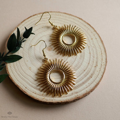 Gold Sunburst Earrings Celestial Statement Earrings Boho Dangle Jewelry Festival Style Modern Sun Charm, Sensitive Ear & Clip-On Options
