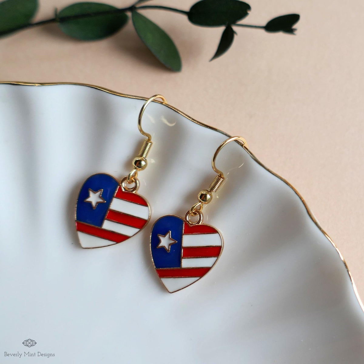 Patriotic Heart Earrings , Red White Blue American Flag Jewelry, USA 4th of July Dangle Earrings, Sensitive Ear & Clip-On Options