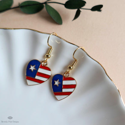 Patriotic Heart Earrings , Red White Blue American Flag Jewelry, USA 4th of July Dangle Earrings, Sensitive Ear & Clip-On Options