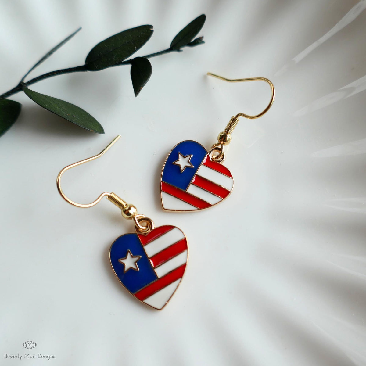 Patriotic Heart Earrings , Red White Blue American Flag Jewelry, USA 4th of July Dangle Earrings, Sensitive Ear & Clip-On Options
