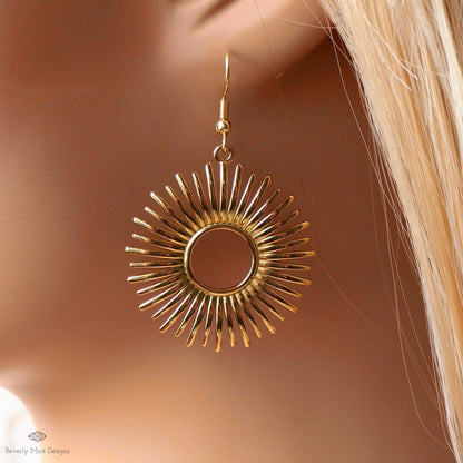Gold Sunburst Earrings Celestial Statement Earrings Boho Dangle Jewelry Festival Style Modern Sun Charm, Sensitive Ear & Clip-On Options