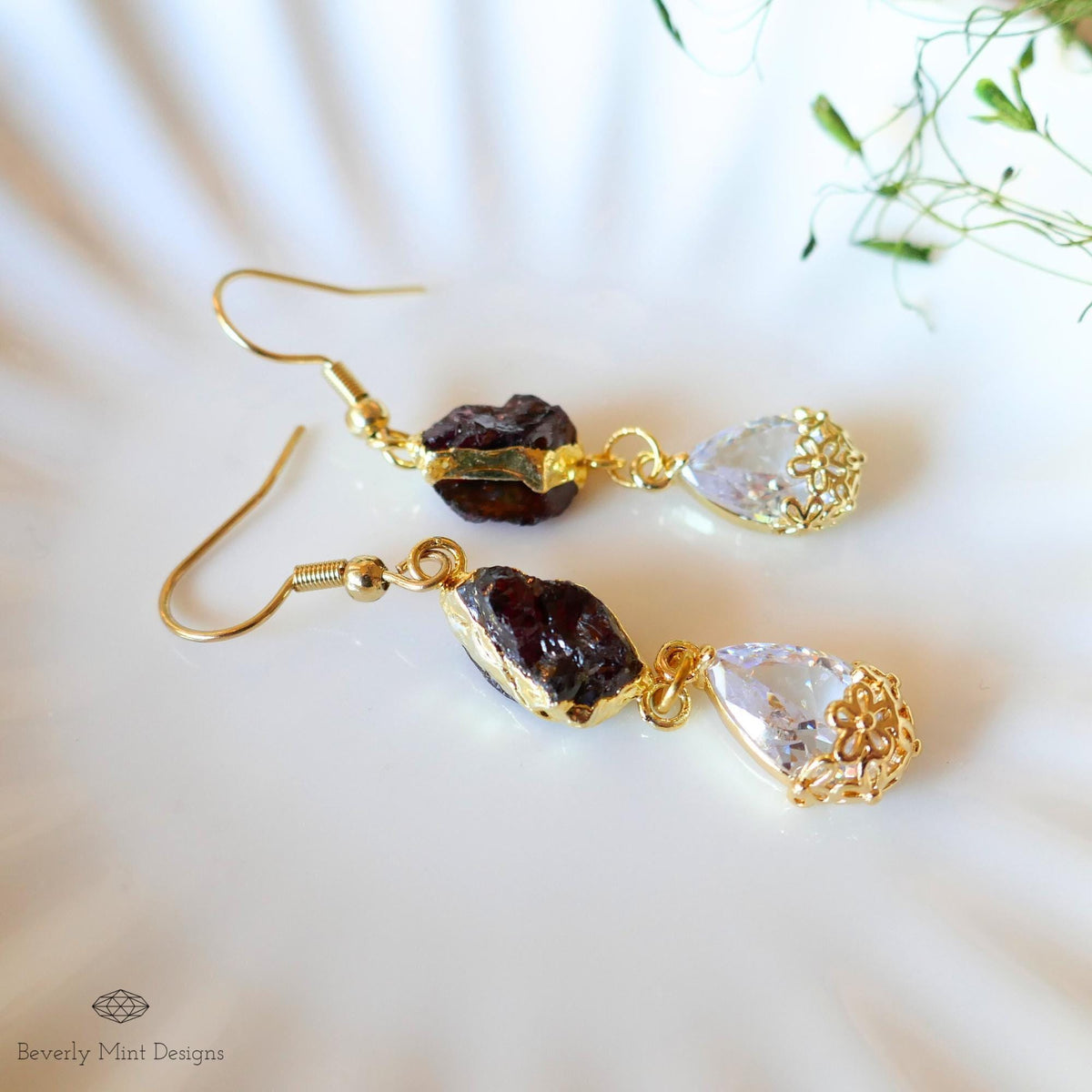 Raw Garnet Crystal Earrings, Teardrop Dangle Earrings, Gold Boho Earrings, Natural Stone Earrings, Sensitive Ear & Clip-On Options