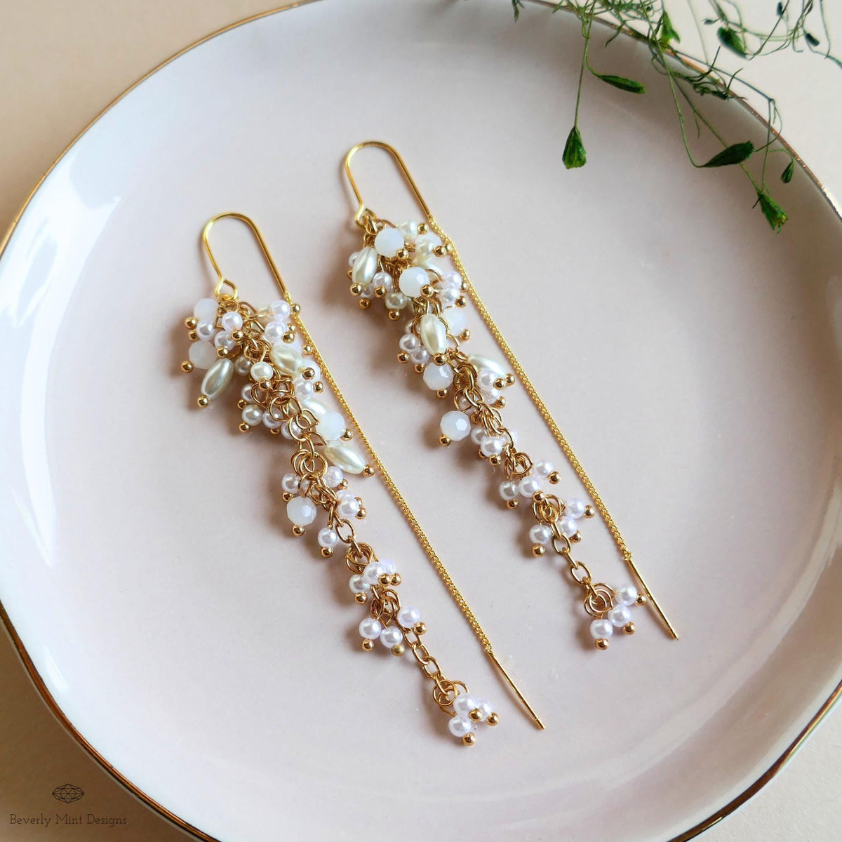 White Pearl Dangle Earrings Gold Chain Drop Earrings Bridal Statement Jewelry Handmade Elegant Gift for Her, Sensitive Ear & Clip-On Options