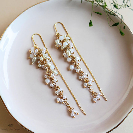 White Pearl Dangle Earrings Gold Chain Drop Earrings Bridal Statement Jewelry Handmade Elegant Gift for Her, Sensitive Ear & Clip-On Options