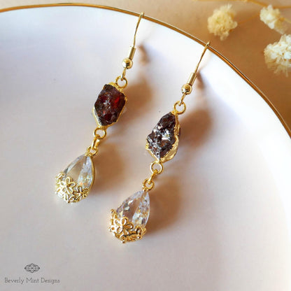 Raw Garnet Crystal Earrings, Teardrop Dangle Earrings, Gold Boho Earrings, Natural Stone Earrings, Sensitive Ear & Clip-On Options