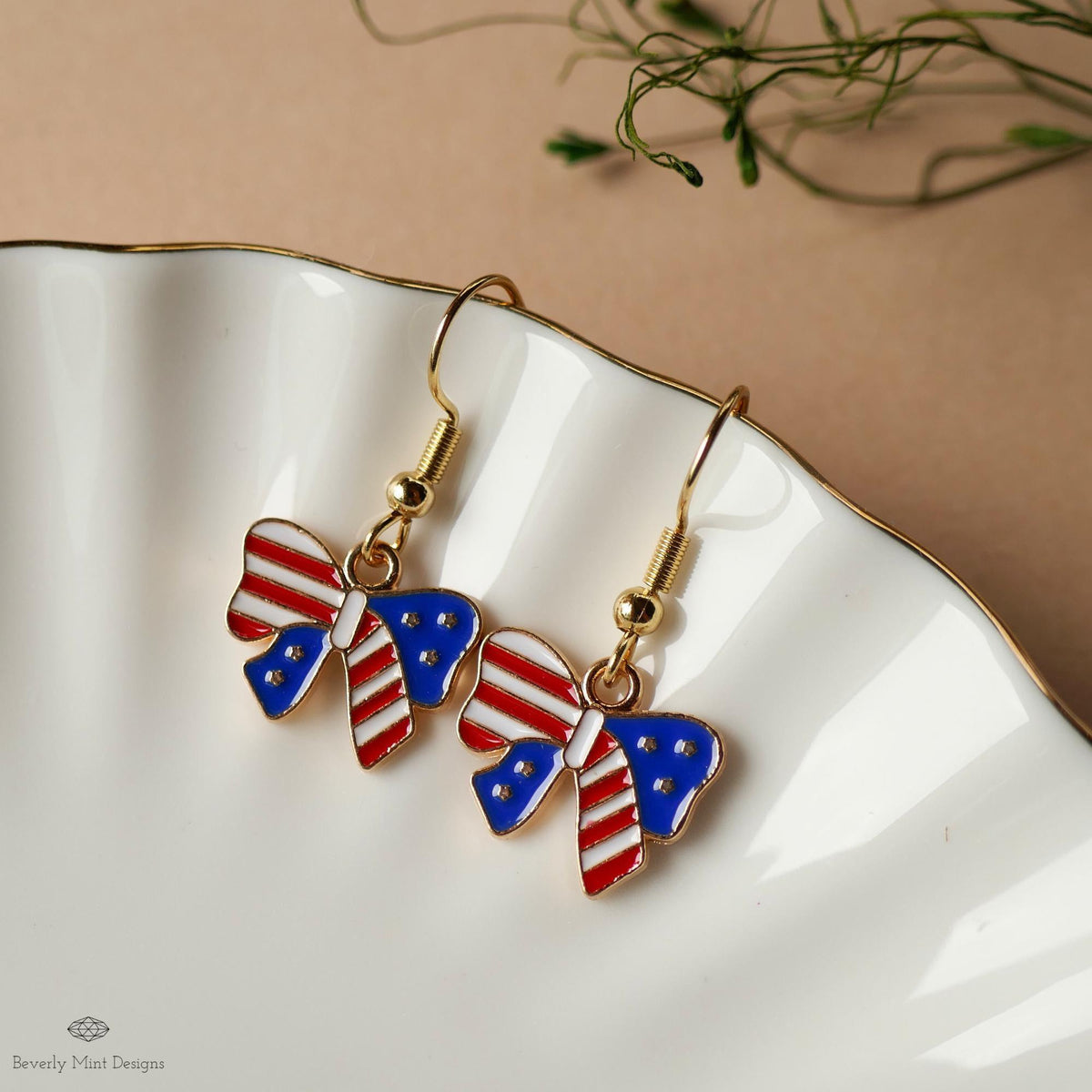 Patriotic Bow Earrings, American Flag Ribbon Jewelry, Red White Blue Dangle Earrings, Sensitive Ear & Clip-On Options