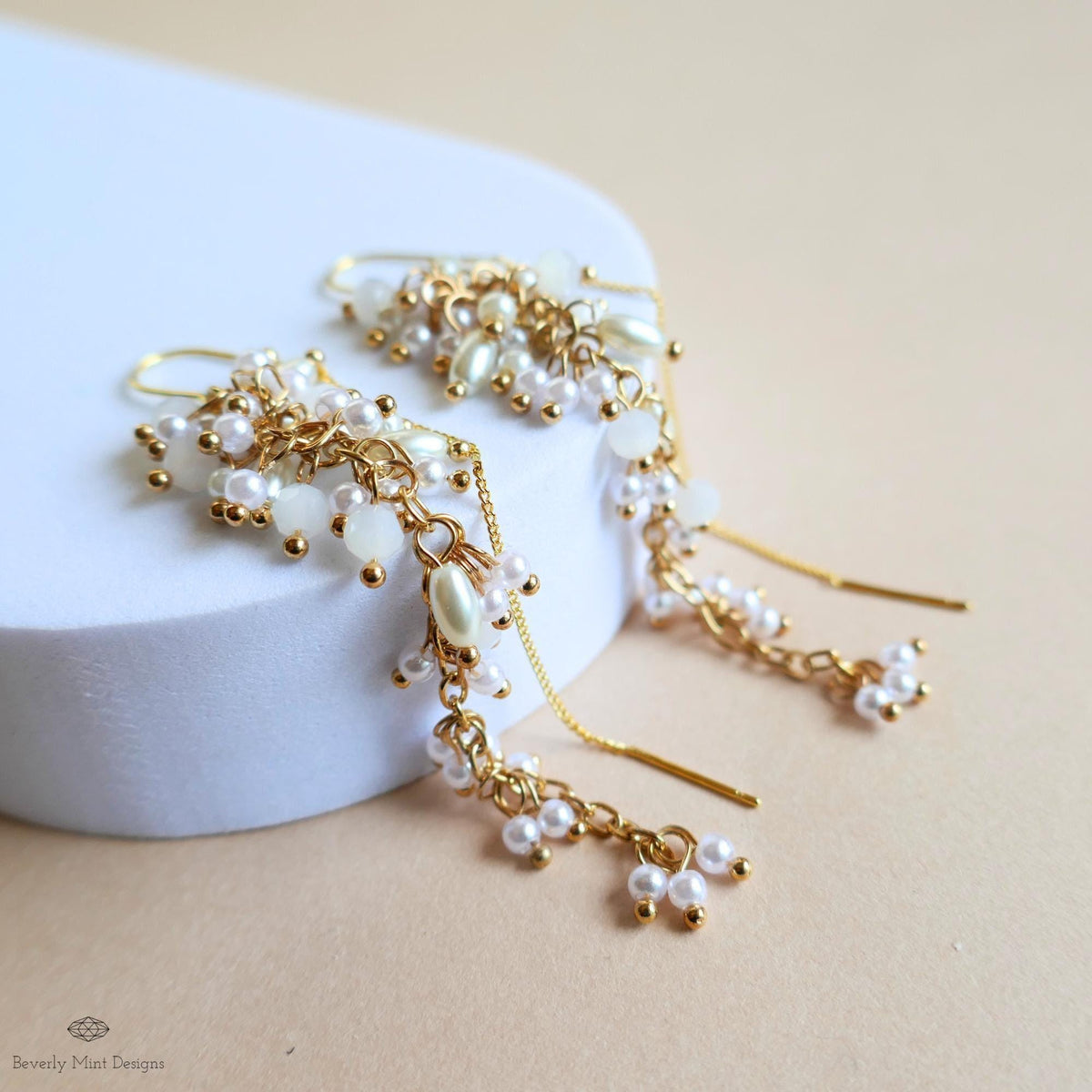 White Pearl Dangle Earrings Gold Chain Drop Earrings Bridal Statement Jewelry Handmade Elegant Gift for Her, Sensitive Ear & Clip-On Options