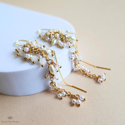 White Pearl Dangle Earrings Gold Chain Drop Earrings Bridal Statement Jewelry Handmade Elegant Gift for Her, Sensitive Ear & Clip-On Options