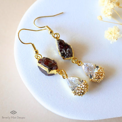 Raw Garnet Crystal Earrings, Teardrop Dangle Earrings, Gold Boho Earrings, Natural Stone Earrings, Sensitive Ear & Clip-On Options