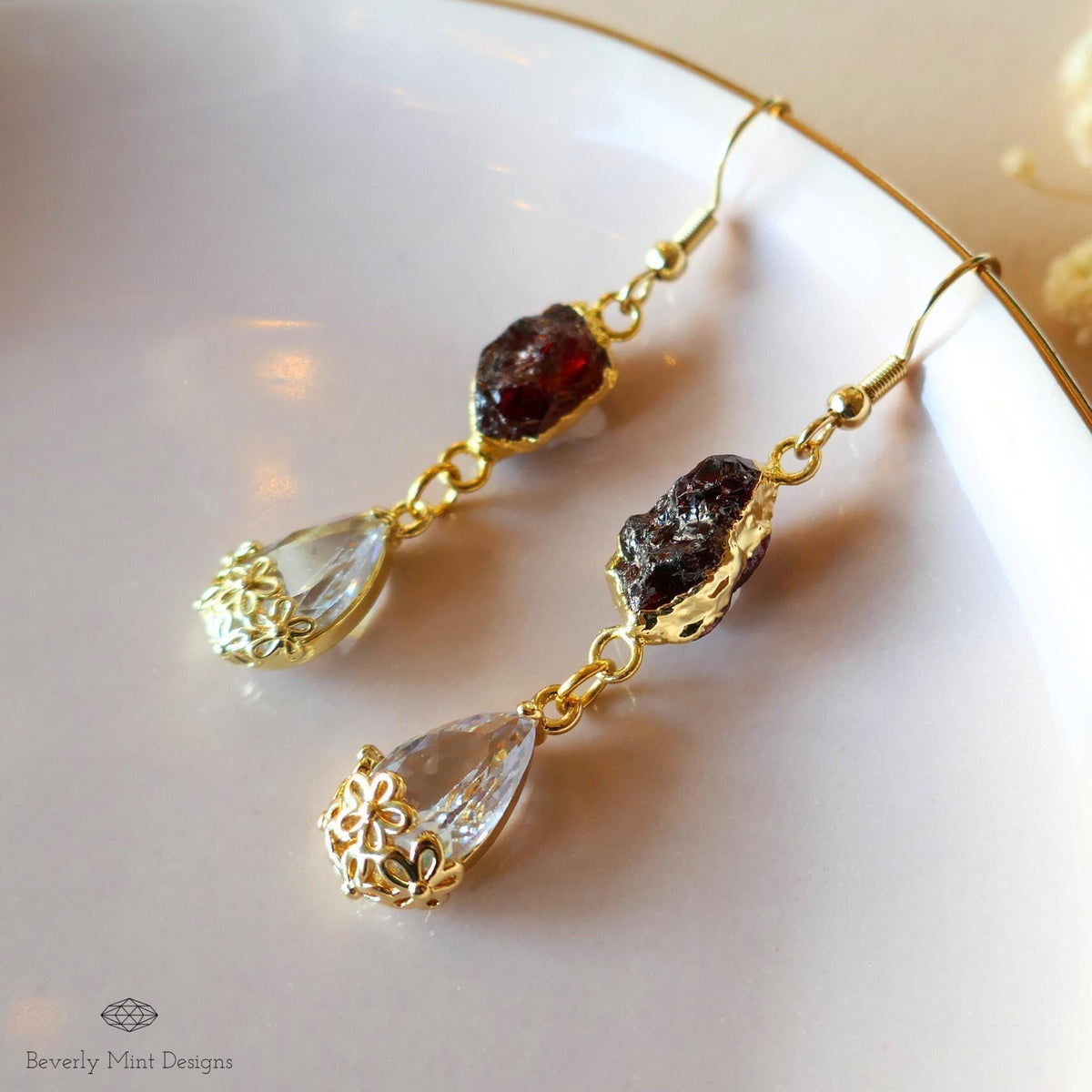 Raw Garnet Crystal Earrings, Teardrop Dangle Earrings, Gold Boho Earrings, Natural Stone Earrings, Sensitive Ear & Clip-On Options