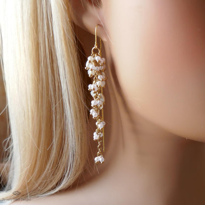 White Pearl Dangle Earrings Gold Chain Drop Earrings Bridal Statement Jewelry Handmade Elegant Gift for Her, Sensitive Ear & Clip-On Options