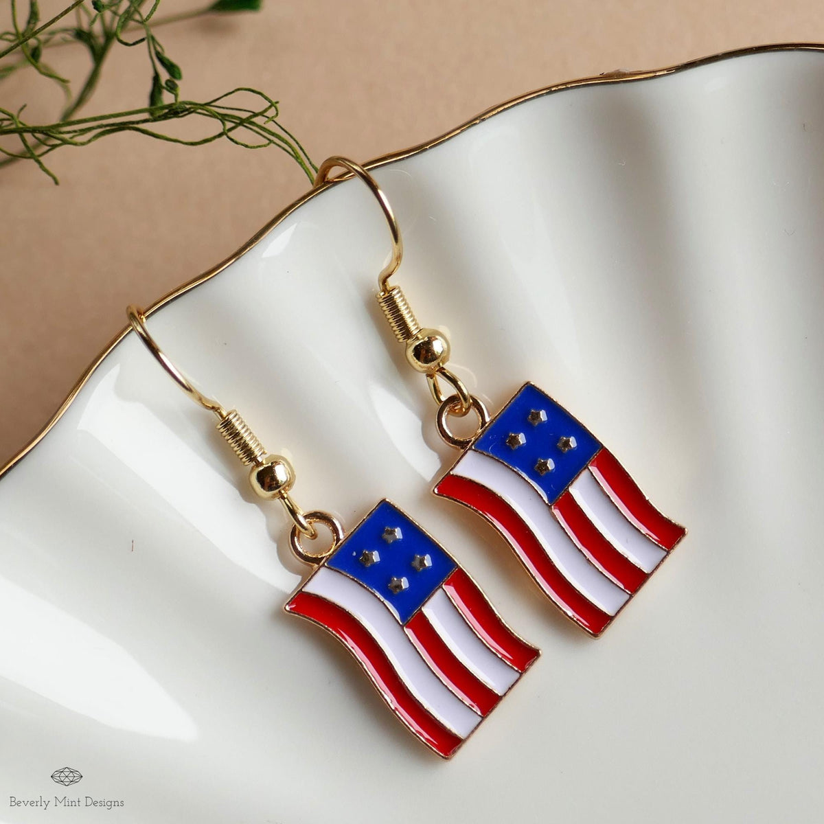 USA Earrings, American Flag Earrings, Red White Blue Dangle Jewelry, USA Patriotic Earrings, Sensitive Ear & Clip-On Options