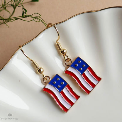 USA Earrings, American Flag Earrings, Red White Blue Dangle Jewelry, USA Patriotic Earrings, Sensitive Ear & Clip-On Options