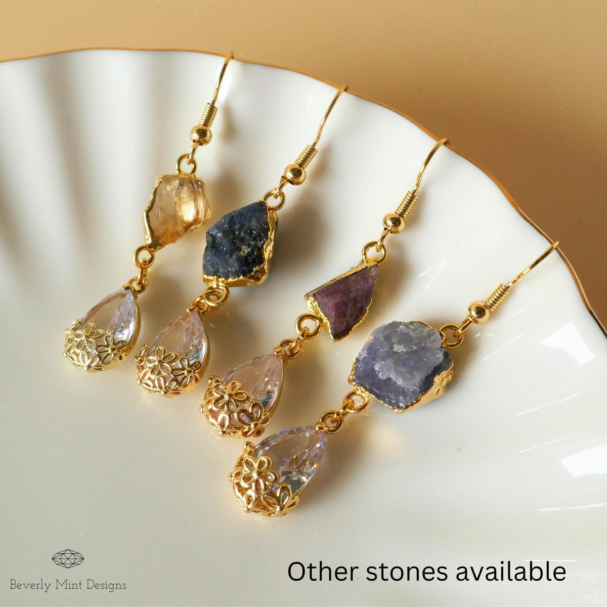 Raw Garnet Crystal Earrings, Teardrop Dangle Earrings, Gold Boho Earrings, Natural Stone Earrings, Sensitive Ear & Clip-On Options