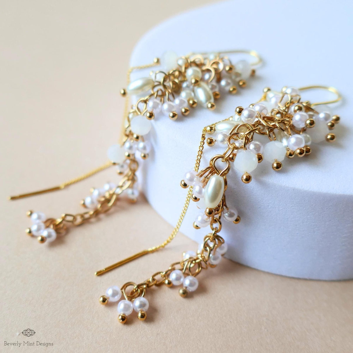 White Pearl Dangle Earrings Gold Chain Drop Earrings Bridal Statement Jewelry Handmade Elegant Gift for Her, Sensitive Ear & Clip-On Options