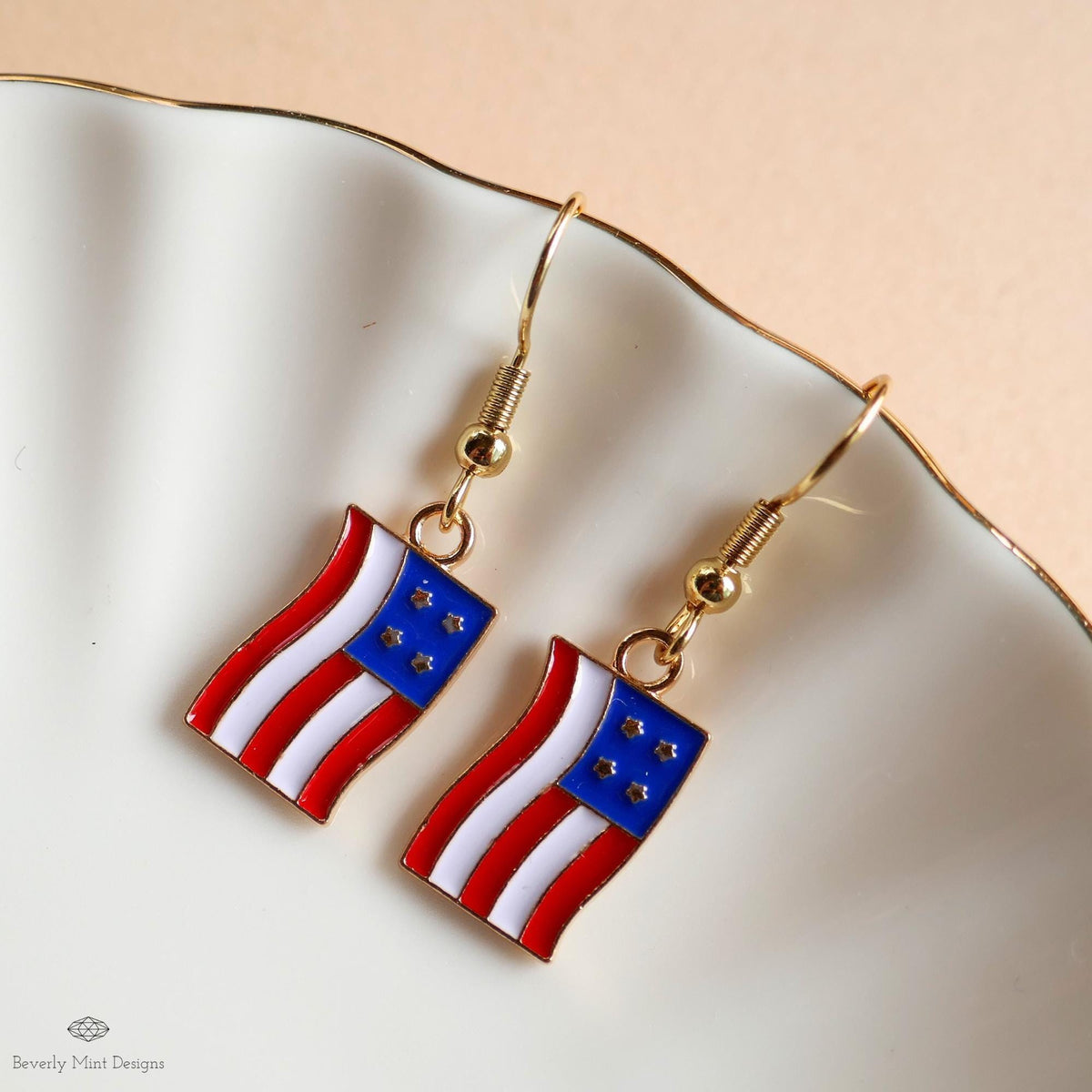 USA Earrings, American Flag Earrings, Red White Blue Dangle Jewelry, USA Patriotic Earrings, Sensitive Ear & Clip-On Options