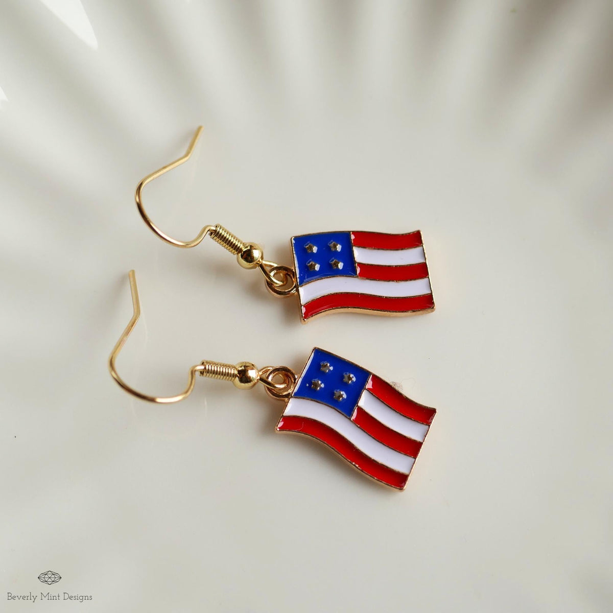 USA Earrings, American Flag Earrings, Red White Blue Dangle Jewelry, USA Patriotic Earrings, Sensitive Ear & Clip-On Options
