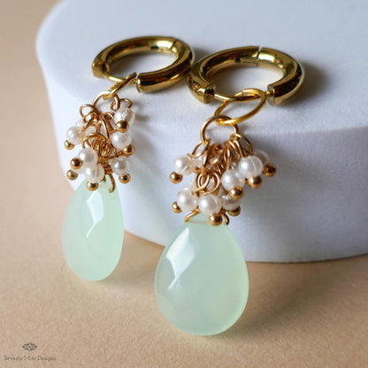 Green chalcedony drop earrings with pearls, Chunky gold hoop earrings, bridal jewelry