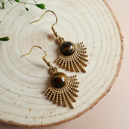 Sun Earrings, Tiger and #39;s Eye Sunburst Earrings , Gold Dangle Natural stone Jewelry, Sensitive Ear & Clip-On Options