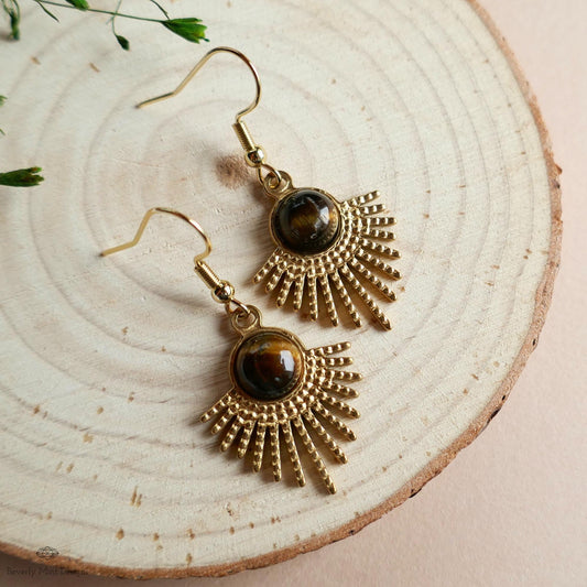 Sun Earrings, Tiger and #39;s Eye Sunburst Earrings , Gold Dangle Natural stone Jewelry, Sensitive Ear & Clip-On Options