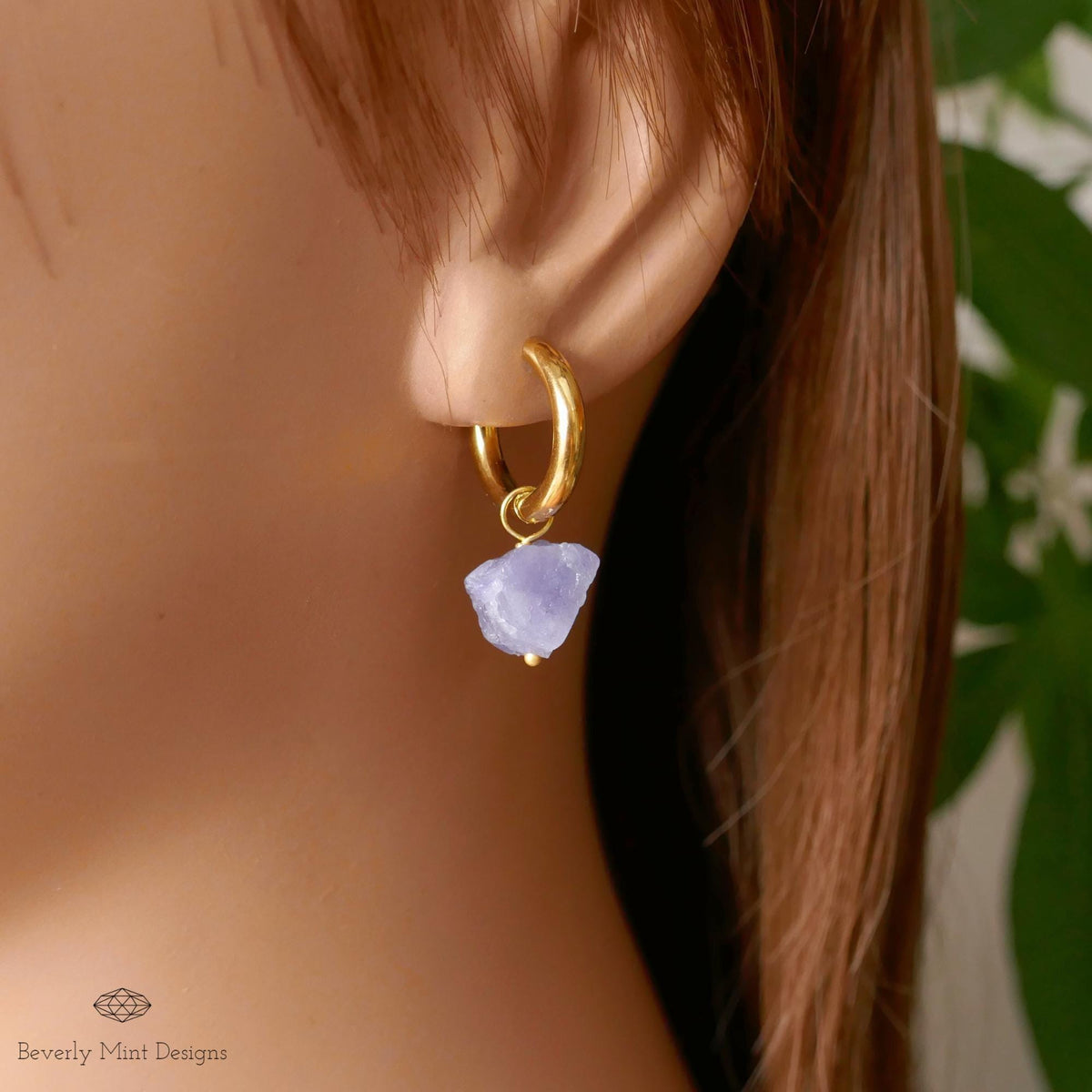 Raw Tanzanite Stone Earrings, 18K Gold Huggie Hoop Earrings with December Birthstone, Blue Earrings, Lavender/Lilac Stone  , Chakra Stone