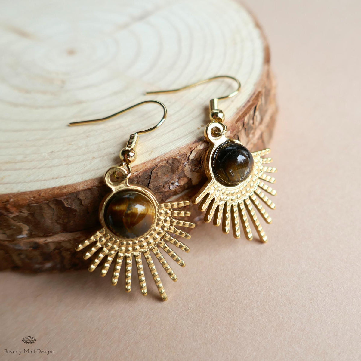 Sun Earrings, Tiger and #39;s Eye Sunburst Earrings , Gold Dangle Natural stone Jewelry, Sensitive Ear & Clip-On Options