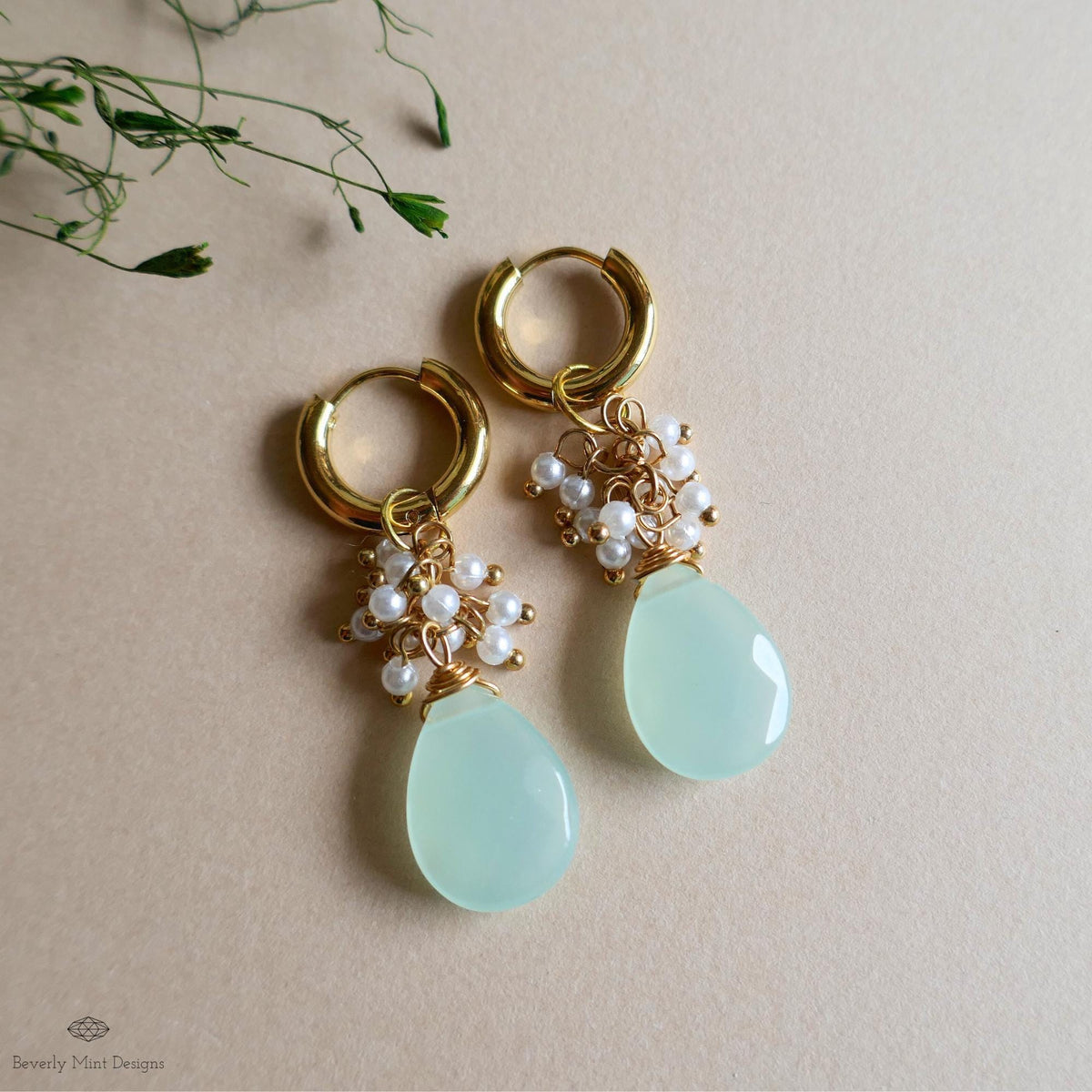 Green chalcedony drop earrings with pearls, Chunky gold hoop earrings, bridal jewelry