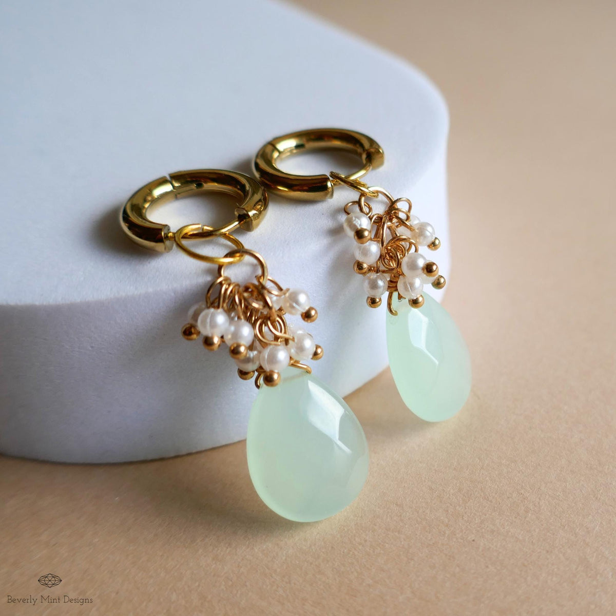 Green chalcedony drop earrings with pearls, Chunky gold hoop earrings, bridal jewelry