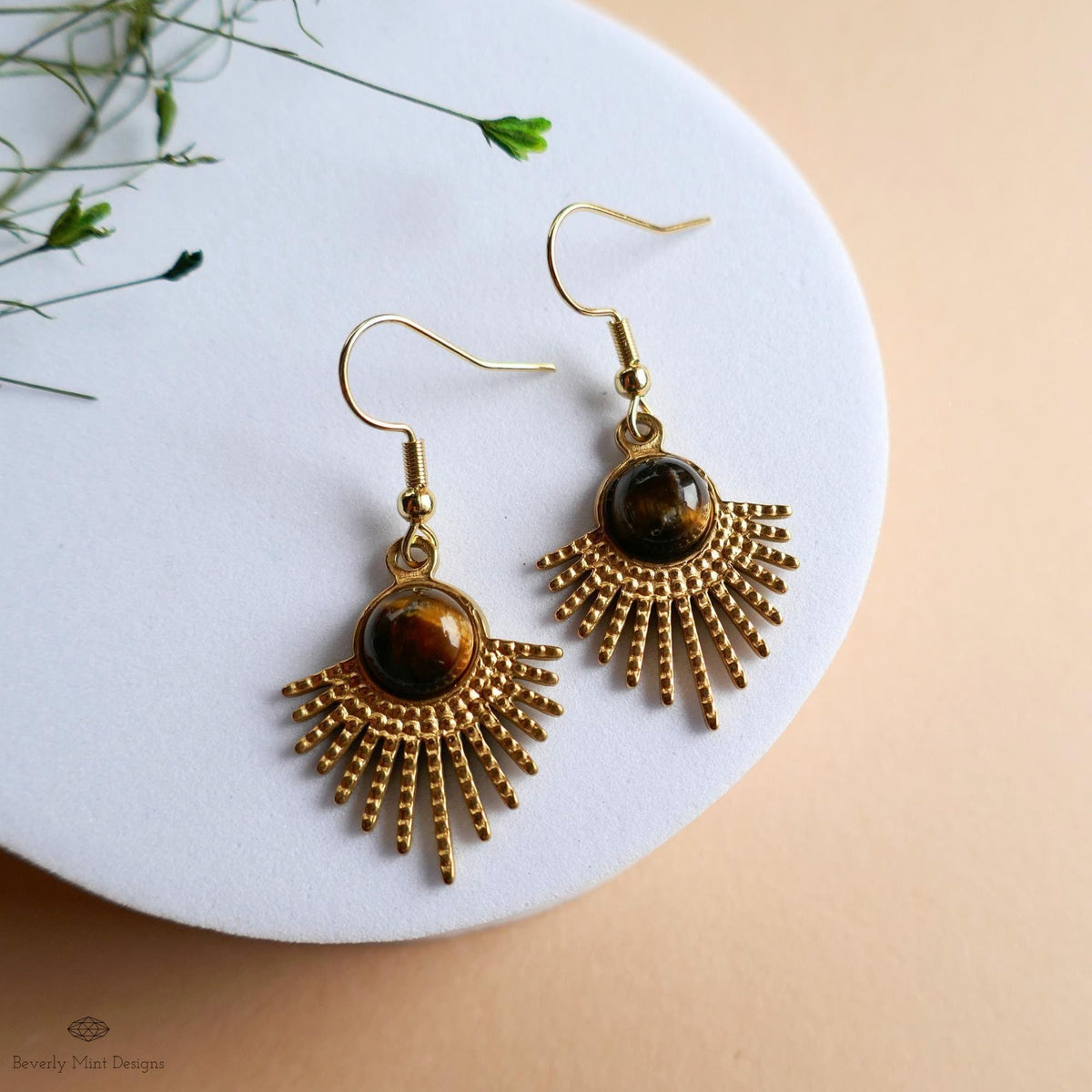 Sun Earrings, Tiger and #39;s Eye Sunburst Earrings , Gold Dangle Natural stone Jewelry, Sensitive Ear & Clip-On Options