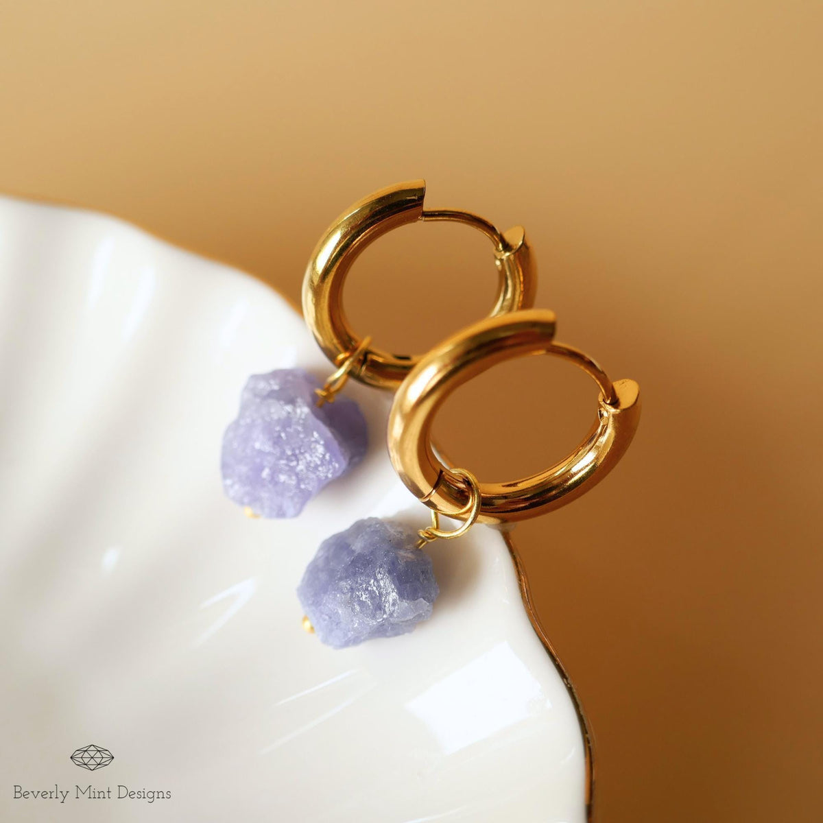 Raw Tanzanite Stone Earrings, 18K Gold Huggie Hoop Earrings with December Birthstone, Blue Earrings, Lavender/Lilac Stone  , Chakra Stone