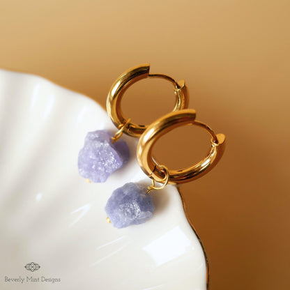 Raw Tanzanite Stone Earrings, 18K Gold Huggie Hoop Earrings with December Birthstone, Blue Earrings, Lavender/Lilac Stone  , Chakra Stone