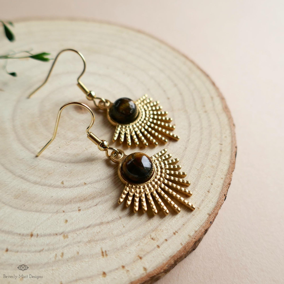 Sun Earrings, Tiger and #39;s Eye Sunburst Earrings , Gold Dangle Natural stone Jewelry, Sensitive Ear & Clip-On Options