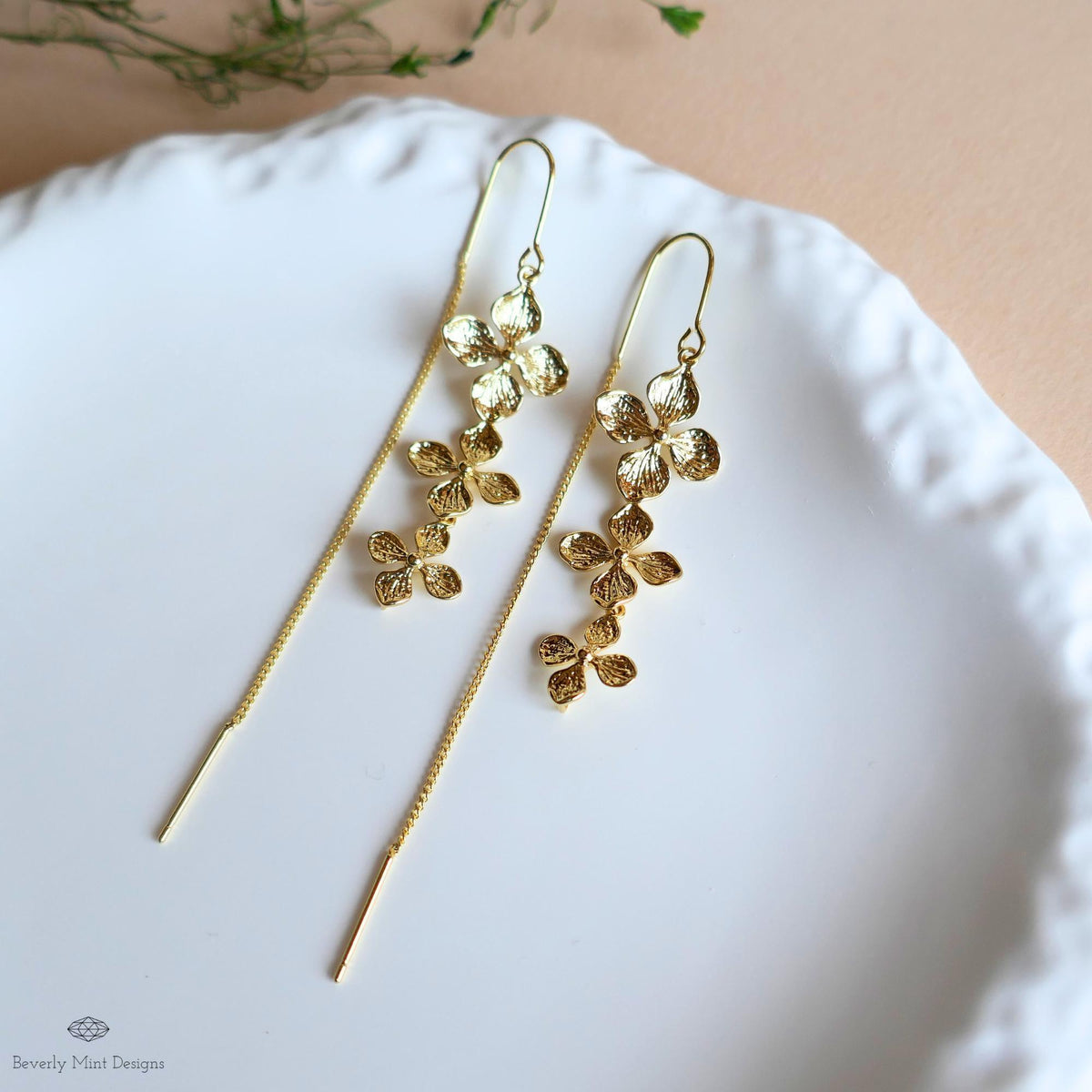 Gold Flower Threader Earrings, Long Dangle Earrings, Delicate Floral Jewelry, Lightweight Drop Earrings, Sensitive Ear & Clip-On Options